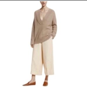 Vince Overlap V-Neck Wool Cashmere Blend Tunic Ribbed Knit Sweater Beige